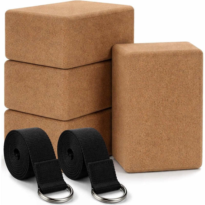 6‑Pack Cork Yoga Blocks with Straps for Fitness Pilates