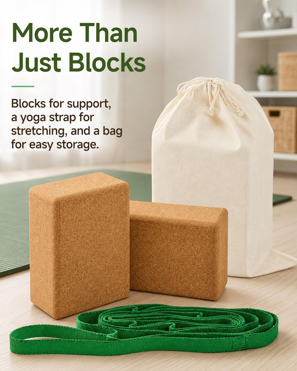 2‑Pack Cork Yoga Blocks Set with Strap & Storage Bag