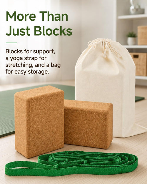 2‑Pack Cork Yoga Blocks Set with Strap & Storage Bag
