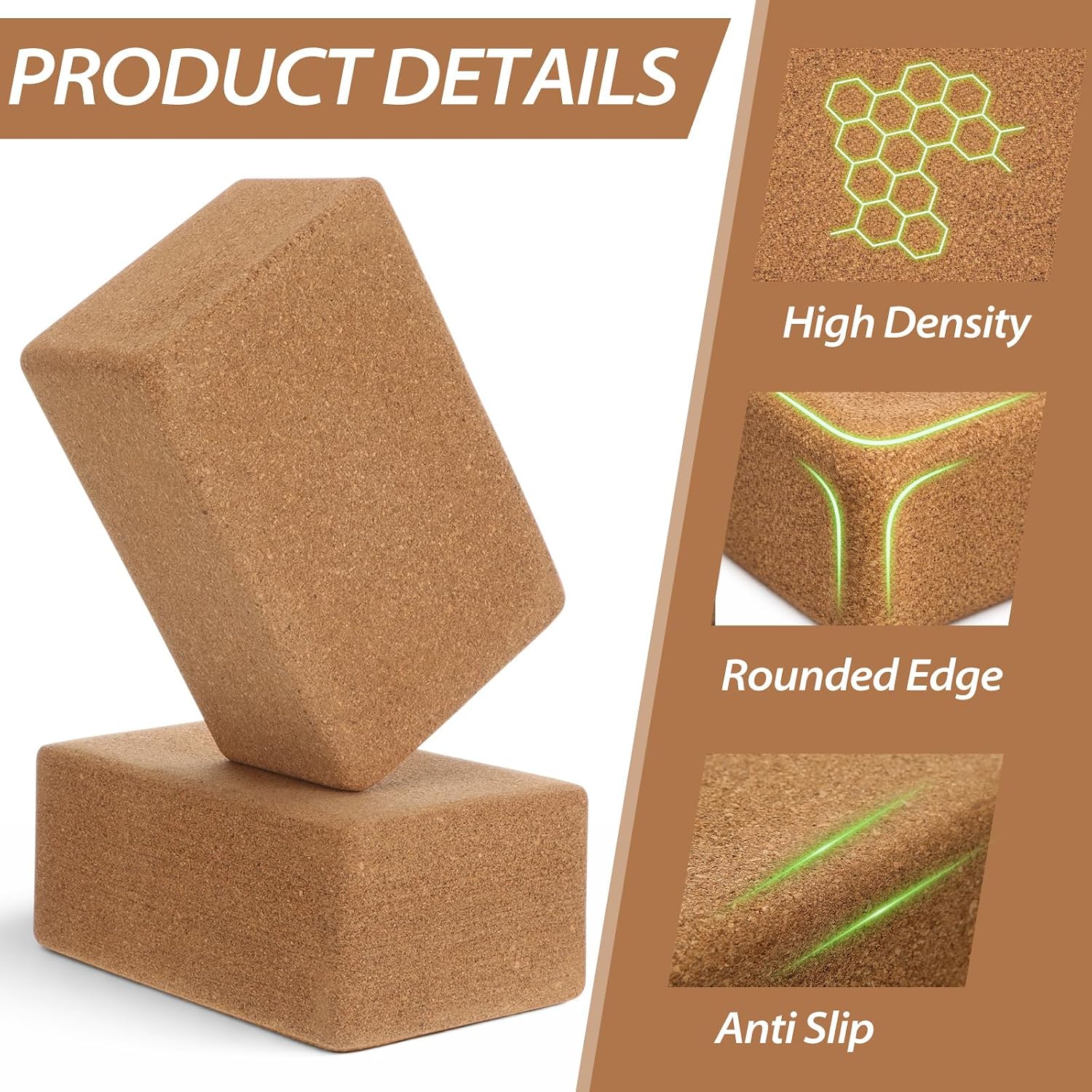 6‑Pack Cork Yoga Blocks with Straps for Fitness Pilates