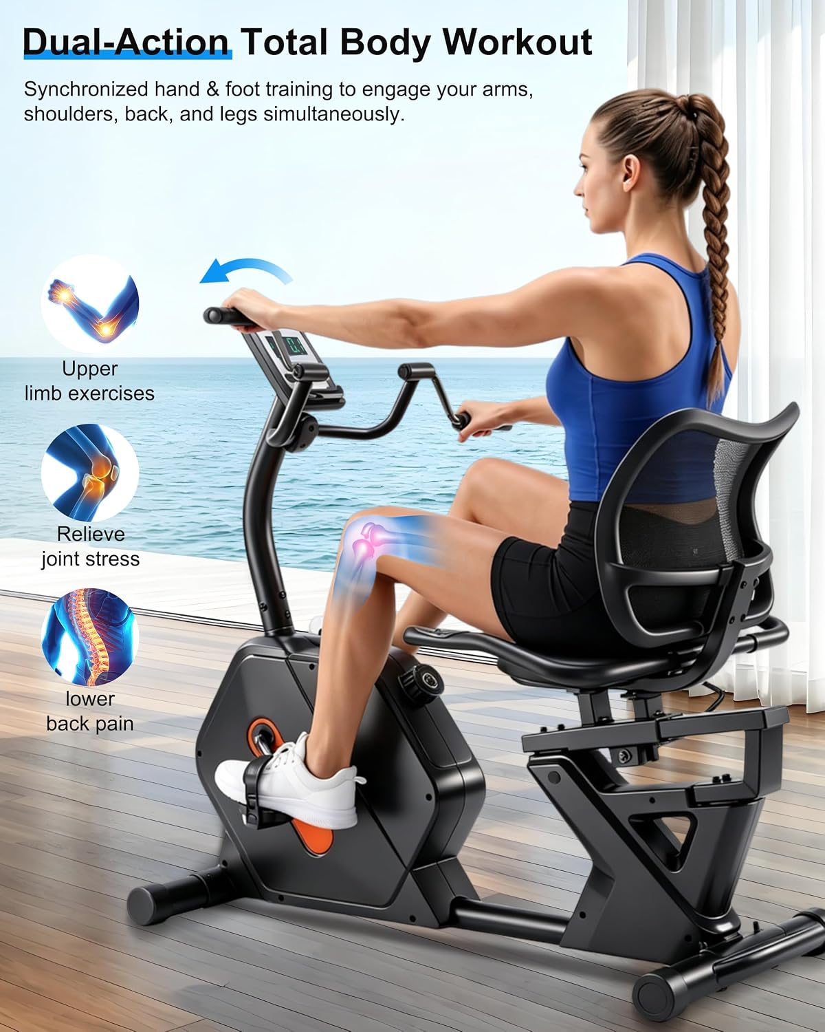 Recumbent Exercise Bike with Arm Exerciser & Wide Seat