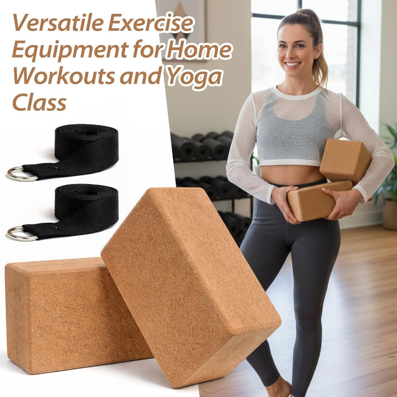 6‑Pack Cork Yoga Blocks with Straps for Fitness Pilates