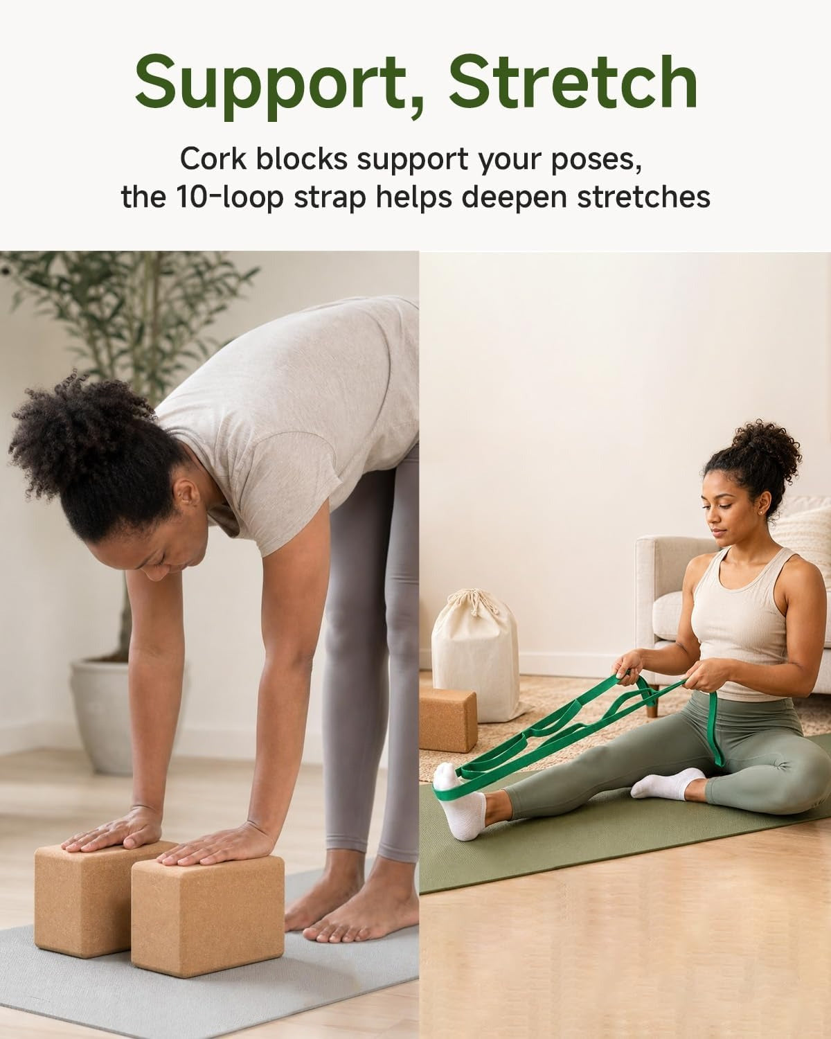 2‑Pack Cork Yoga Blocks Set with Strap & Storage Bag