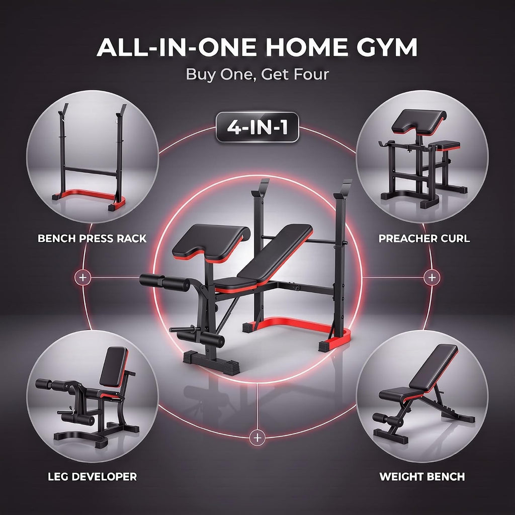 Foldable Multi‑Function Weight Bench with Squat Rack