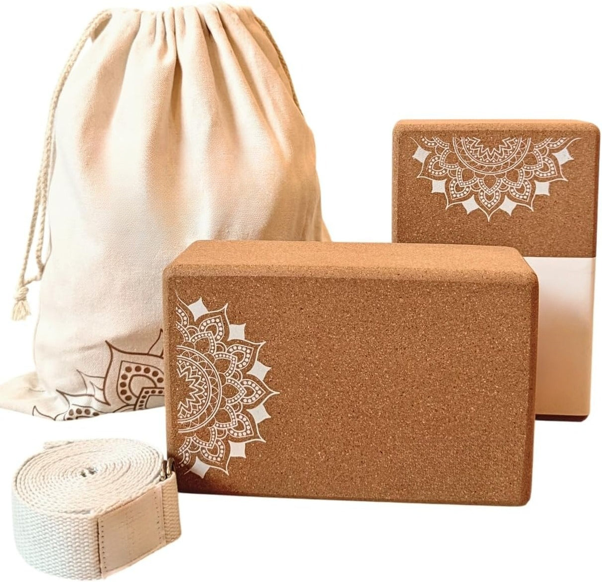 2‑Pack Cork Yoga Block Set with Strap & Canvas Bag